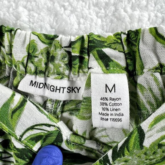 Midnight Sky NWT Linen Blend Women M Green Tropical Wide Leg Pants Boho Vacation - Picture 11 of 12